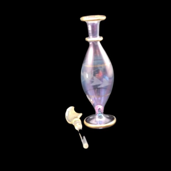 Egyptian Hand Blown Glass Perfume Bottle Blue Purple Iridescent Etched Floowers - Picture 3 of 5